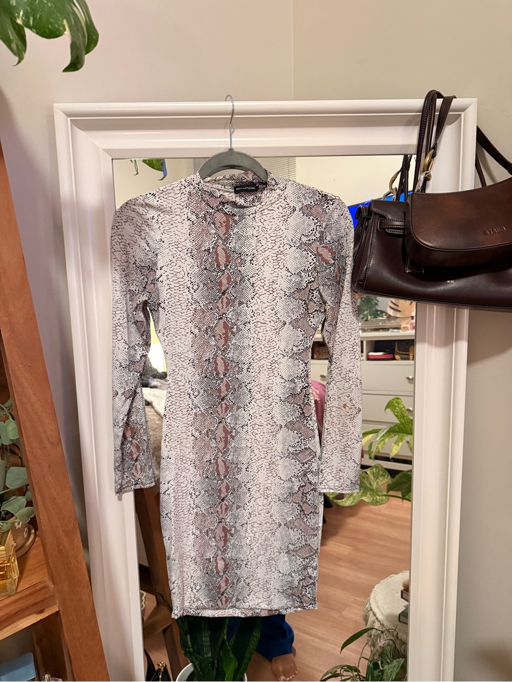 PrettyLittleThing Snake Print Mini Dress in Beige and Gray